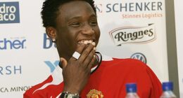 John Obi Mikel being presented as a Manchester United player before switching to Chelsea in a controversial move