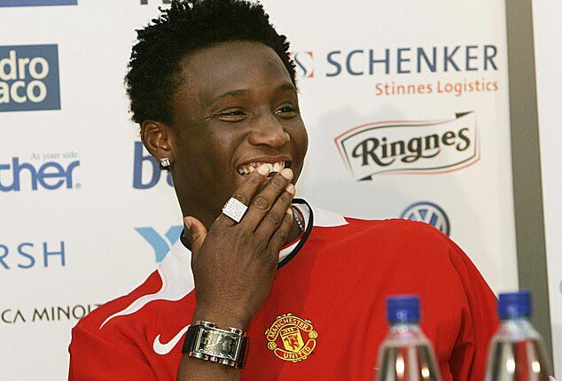 John Obi Mikel being presented as a Manchester United player before switching to Chelsea in a controversial move