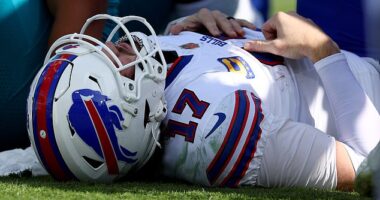 Josh Allen #17 of the Buffalo Bills reacts after an injury during the second quarter against the Jacksonville Jaguars in the AFC Wild Card Playoff game at EverBank Stadium on Sunday