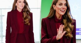 Kate Middleton re-wears burgundy Roland Mouret suit for Charing Cross Hospital visit