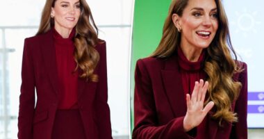 Kate Middleton re-wears burgundy Roland Mouret suit for Charing Cross Hospital visit