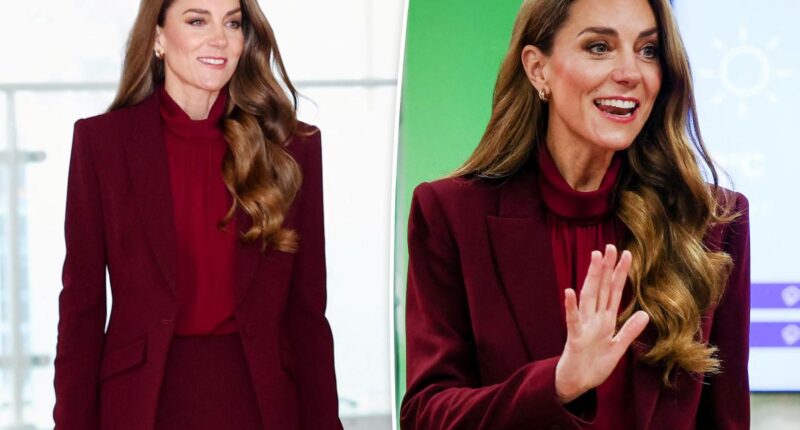 Kate Middleton re-wears burgundy Roland Mouret suit for Charing Cross Hospital visit