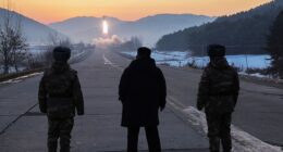 In this photo provided by the North Korean government, leader Kim Jong Un, center, inspects test-flights of hypersonic missiles, in Pyongyang, North Korea