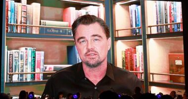 Leonardo DiCaprio was forced to skip the Palm Springs International Film Festival by travel restrictions enacted after the Venezuela strikes, so he accepted his award via video (pictured)