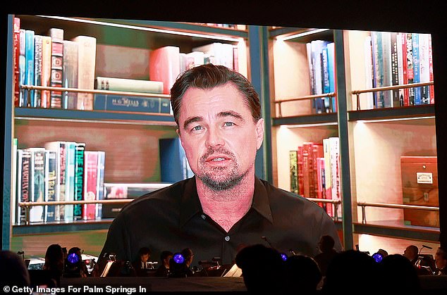 Leonardo DiCaprio was forced to skip the Palm Springs International Film Festival by travel restrictions enacted after the Venezuela strikes, so he accepted his award via video (pictured)