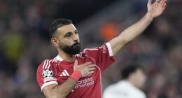 Mohamed Salah tapped the Liverpool badge after scoring his first goal for the club since his public fallout with Arne Slot back in November