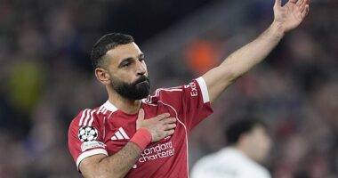 Mohamed Salah tapped the Liverpool badge after scoring his first goal for the club since his public fallout with Arne Slot back in November