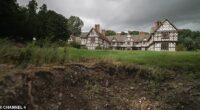 A couple that bought a derelict family estate were horrified to learn that they will now have to splash out 'tens of thousands' of pounds to get rid of two giant sinkholes on their lawn. Pitchford Hall (pictured) had been part of Rowena Nason's family for centuries, but in 1992, her parents were forced to sell it off after falling into financial difficulties