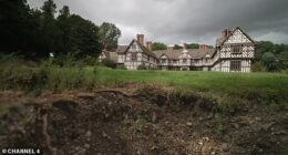 A couple that bought a derelict family estate were horrified to learn that they will now have to splash out 'tens of thousands' of pounds to get rid of two giant sinkholes on their lawn. Pitchford Hall (pictured) had been part of Rowena Nason's family for centuries, but in 1992, her parents were forced to sell it off after falling into financial difficulties