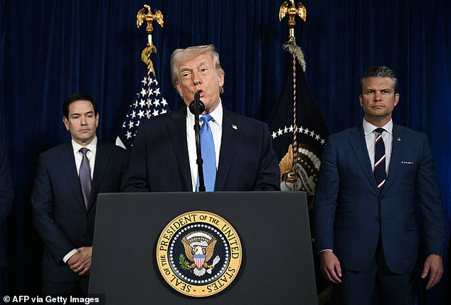 US President Donald Trump, alongside Secretary of State Marco Rubio (L) and US Secretary of Defense Pete Hegseth (R), speaks to the press following US military actions in Venezuela