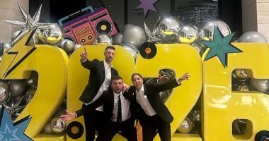 Sam Kerrand Kristie Mewis have shared a first look inside their glamorous wedding ceremony on New Year's Eve in Perth. Alongside her was rugby player Tyson Hodge and friend Josh Hodge (all pictured)