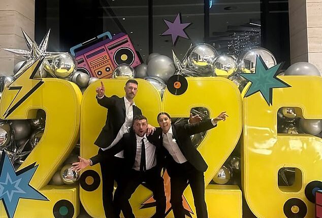 Sam Kerrand Kristie Mewis have shared a first look inside their glamorous wedding ceremony on New Year's Eve in Perth. Alongside her was rugby player Tyson Hodge and friend Josh Hodge (all pictured)