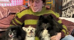 Mickey Rourke is pictured with his dogs Egor, Ivan and Lucky in 2023; Ivan, one of the black and white canines, now has a heart condition requiring a $10,000 surgery