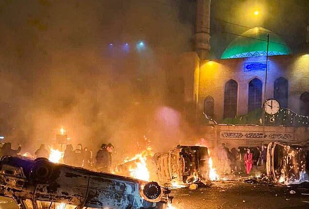 Images appeared to show a huge fire ripping through a government building in Karaj, near Tehran