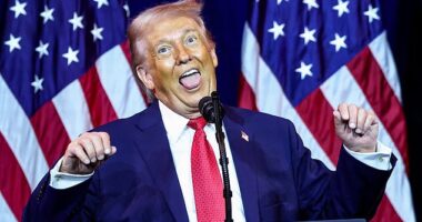 President Donald Trump gave a dramatic reenactment of a woman being unable to lift heavy weight that a transgender athlete was able to easily