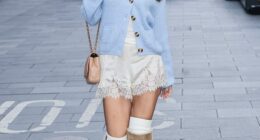 Myleene Klass braved the cold as she stepped out in a stylish summery outfit in London on Saturday