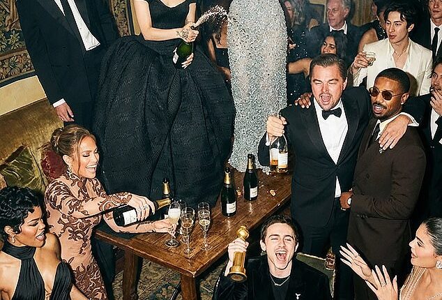 The photos appear to show Timothée Chalamet, Leonardo DiCaprio, Jennifer Lopez and a glittering cast of A-list celebrities