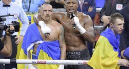 Anthony Joshua (right) pictured with Oleksandr Usyk (left) after their 2022 rematch that the Ukrainian won. Usyk believes AJ will keep fighting after the death of his friends