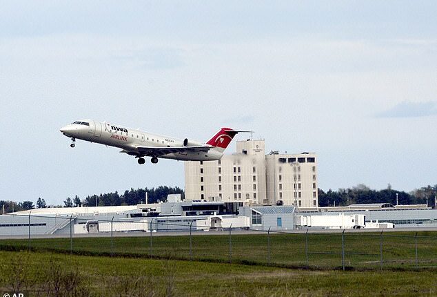 A plane is seen taking off from Bangor International Airport. An incident occurred on the airport's runway on Sunday night