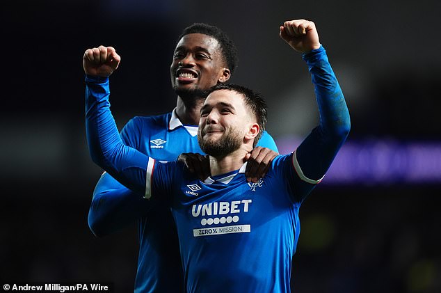 Nicolas Raskin celebrates scoring the second goal against Aberdeen at Ibrox