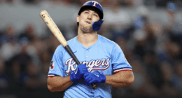 Texas Rangers outfielder Wyatt Langford at Globe Life Field as the organization weighs whether to delay a long-term contract extension despite his rapid rise.