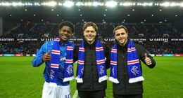 Andreas Skov Olsen, centre, joins fellow new recruits Tochi Chukwuani and Tuur Rommens