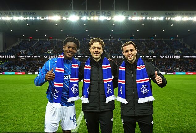Andreas Skov Olsen, centre, joins fellow new recruits Tochi Chukwuani and Tuur Rommens