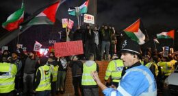 Pro-Palestinian protesters gather outside the stadium as Maccabi Tel Aviv fans were barred from travelling to the game at Villa Park in November by the local Safety Advisory Group (SAG), which cited safety concerns based on advice from the police force