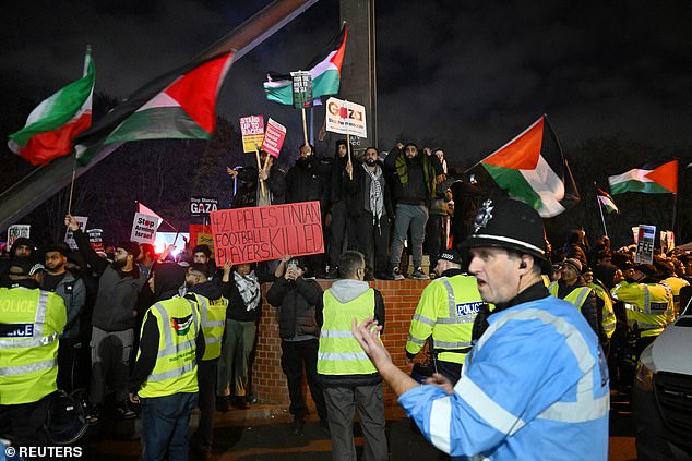 Pro-Palestinian protesters gather outside the stadium as Maccabi Tel Aviv fans were barred from travelling to the game at Villa Park in November by the local Safety Advisory Group (SAG), which cited safety concerns based on advice from the police force