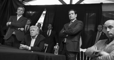 The White House released photos Saturday afternoon of President Donald Trump (center left) at a Mar-a-Lago surrounded by key aides including CIA Director John Ratcliffe (left), Secretary of State Marco Rubio (right of Trump) and Deputy Chief of Staff Stephen Miller (right)