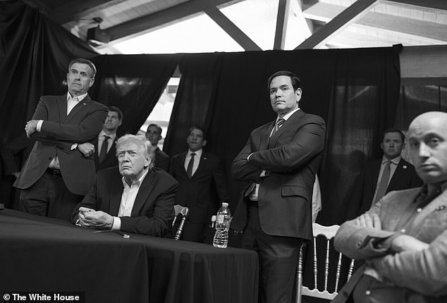 The White House released photos Saturday afternoon of President Donald Trump (center left) at a Mar-a-Lago surrounded by key aides including CIA Director John Ratcliffe (left), Secretary of State Marco Rubio (right of Trump) and Deputy Chief of Staff Stephen Miller (right)