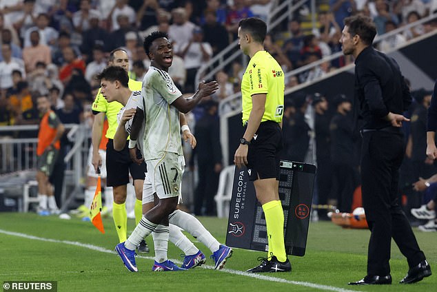 After exiting the field, Vinicius immediately looked over and started shouting at Atletico Madrid coach Simeone - who had reportedly told him that Real Madrid 'were going to get rid of him'