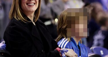 Rosamund Pike enjoyed a rare outing with youngest son Atom as they attended NBA's London Game 2026 which saw the Memphis Grizzlies take on Orlando Magic at the O2 on Sunday