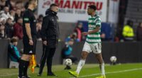 Auston Trusty of Celtic leaves the pitch after getting red carded in the 77th minute