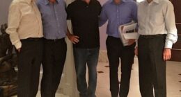 Bill Gates, former treasury secretary Larry Summers, Jeffrey Epstein, adviser Boris Nikolic and another man in a photo released today