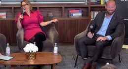 Krysten Sinema alongside her former bodyguard Matthew Ammel, with whom she is accused of having an affair, at an event in October