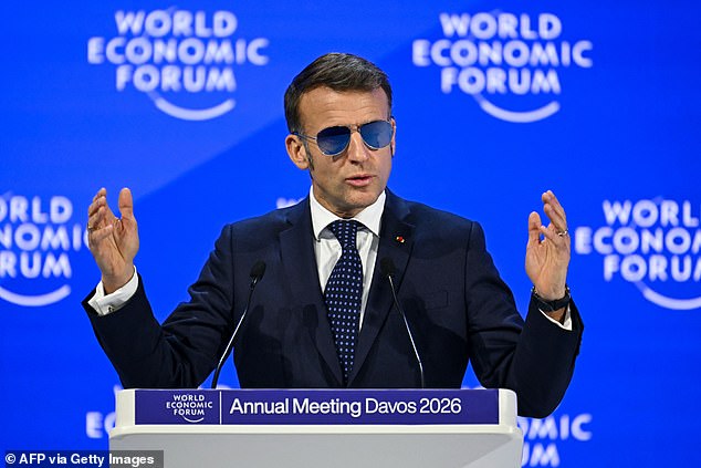 France's President Emmanuel Macron gestures as he delivers a speech during the World Economic Forum (WEF) annual meeting in Davos on January 20, 2026