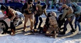 The moment that the firearm of a man identified as Alex Pretti is retrieved from a waistband holster by a federal officer (in light grey jacket, crouched) as another officer (in green) draws his weapon, before Pretti was fatally shot in Minneapolis, Minnesota, U.S., January 24, 2026 is seen in a still image of a video obtained by Reuters