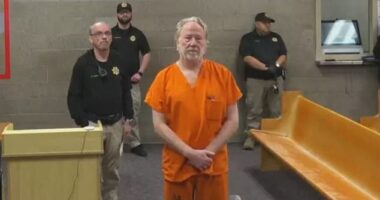 Actor Timothy Busfield appeared somber-faced as he appeared in court before a New Mexico judge on child sex abuse charges on Wednesday afternoon, as shown above