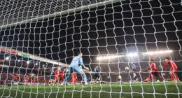 Rangers midfielder Thelo Aasgaard volleys home from a set-piece corner kick