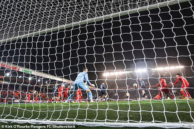 Rangers midfielder Thelo Aasgaard volleys home from a set-piece corner kick