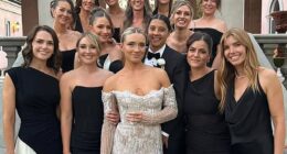 The couple looked stunning with their bridesmaids at their New Year's Eve wedding in Perth