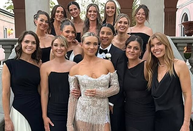 The couple looked stunning with their bridesmaids at their New Year's Eve wedding in Perth