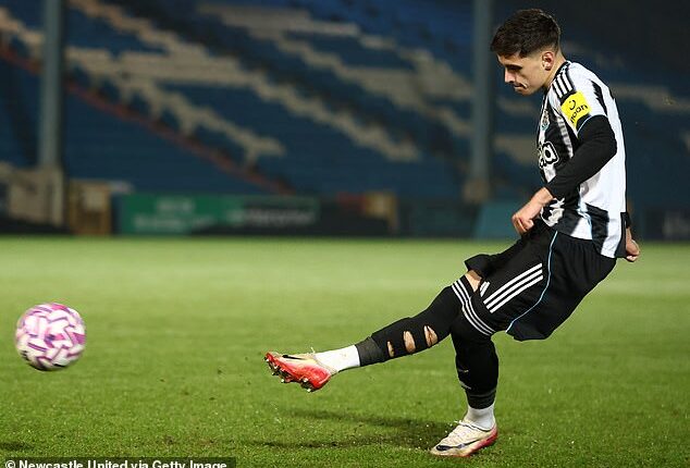 Ben Parkinson scores a penalty for Newcastle's Under 21s against Halifax last month