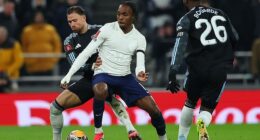 Tottenham's Mathys Tel (centre) is keen to move out on loan to push for World Cup selection