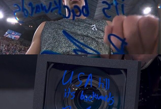 Pictured: The moment Ben Shelton wrote 'USA till its backwards' on a TV camera after winning his latest match at the Australian Open