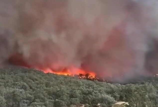 Footage was shared on social media on Friday afternoon of a 'fire tornado developing' near Burrowye, situated on the banks of the Murray River