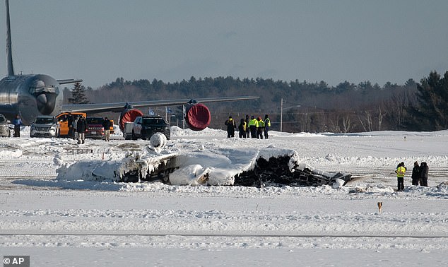 The Bombardier CL-600-2B16 Challenger 650 flipped during takeoff from Bangor International Airport in Maine about 7.45pm on Sunday. The wreckage was still covered in snow with the bodies frozen inside it on Wednesday morning