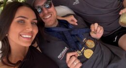 Ben Crosley (centre) has been unwillingly thrust into the media glare following his wife Tess's (left) alleged affair with his close friend, Brisbane Lions star Lachie Neale (right)