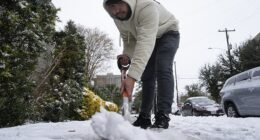Pictured: A hotel worker in Houston, Texas, shovels snow off a sidewalk after a storm on January 21, 2025